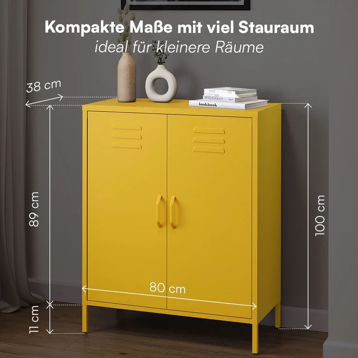 skølm 'Atria' Metallkommode, senfgelb, 100x38x80 cm, Metallschrank mit 3 Fächern – Bild 5