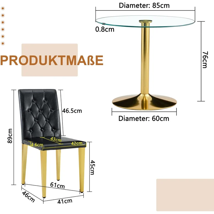 Esstischgruppe H 76 x T 85 x B 85 cm aus gehärtetem Glas und Metall in Schwarz-Gold mit 4 Stühlen – Bild 3