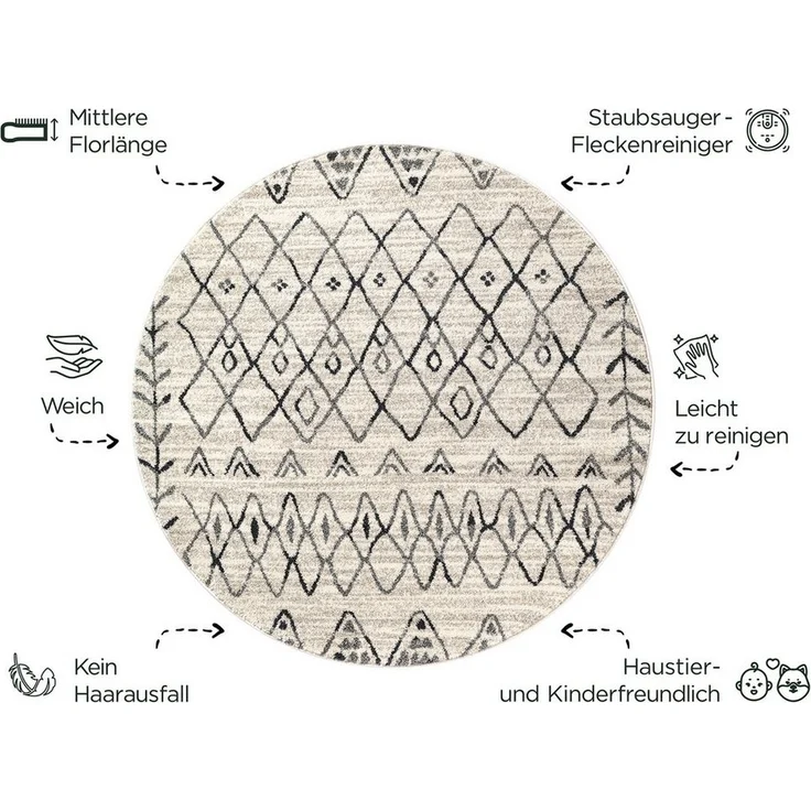 Sanat Teppich Boho 8200, rund, Höhe: 10 mm, Kurzflor, robust, Boho, Scandic, für Fussbodenheizung geeignet – Bild 2