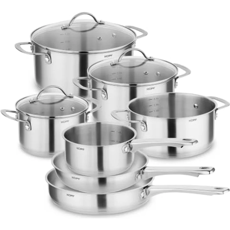 Kopf Topf-Set Clara, Edelstahl, 10-teilig mit 4 Kochtöpfen, Bratpfanne, Schmorpfanne, Stielkasserolle und 3 Glasdeckeln, für alle Herdarten inkl. Induktion, spülmaschinengeeignet und backofenfest – Bild 1