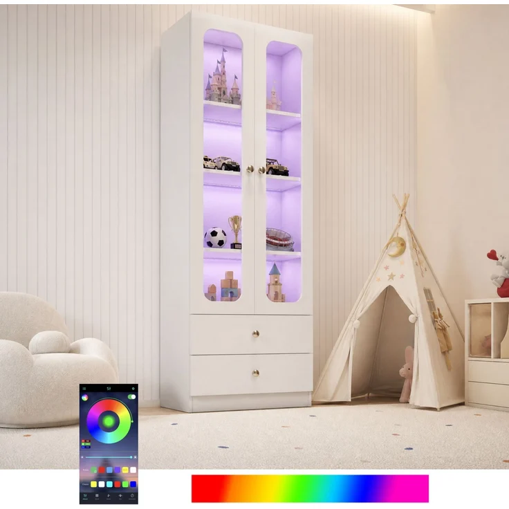 ZUBALIYA Glasvitrine, Küchenschrank, Aktenschrank, Sammelfiguren-Vitrine, 4 Ebenen Spielzeugschrank mit 2 Schubladen, LED-Leiste mit RGB-Farbwechsel per App steuerbar, goldene Metallgriffe, weiß, 60x35x170 cm – Bild 13