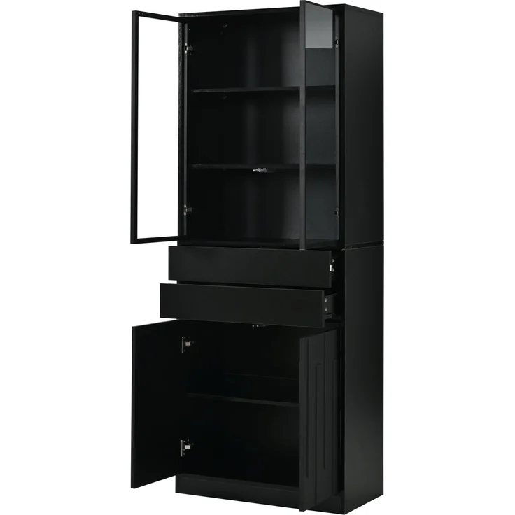ZUBALIYA Hochschrank mit Glasschranktüren / Hochschrank Glasvitrine mit LED, mit küche und arbeitszimmer, 70 x 34 x 180 cm LED Display Vitrine Mit 2 Schubladen, Schwarz, fürs Wohnzimmer – Bild 18