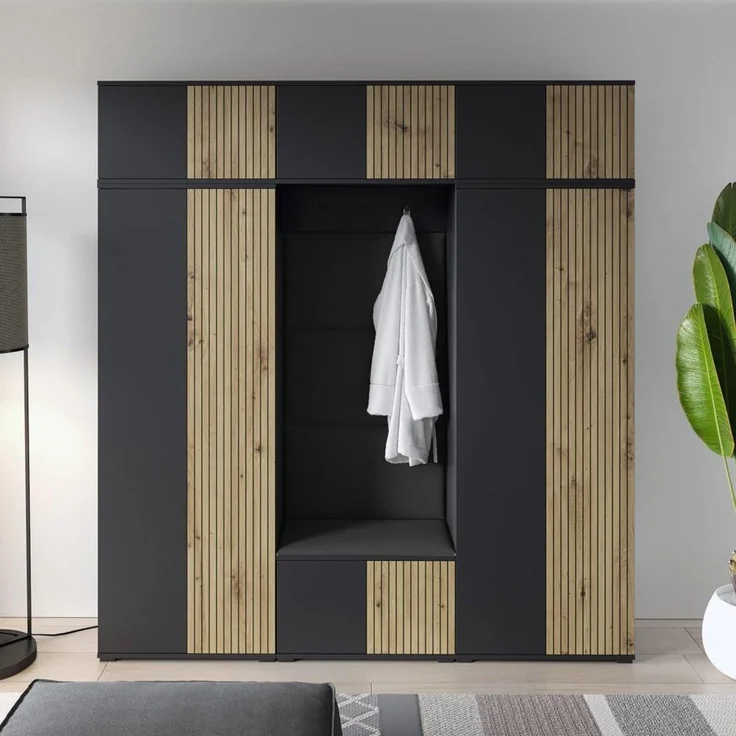 Garderoben-Set Rosario Version 4 mit Lamellen, Kleiderschrank mit Polsterplatten und Schuhschrank (Schwarz / Eiche Artisan, Trinity 16), 225 x 40 x 210 cm – Bild 7