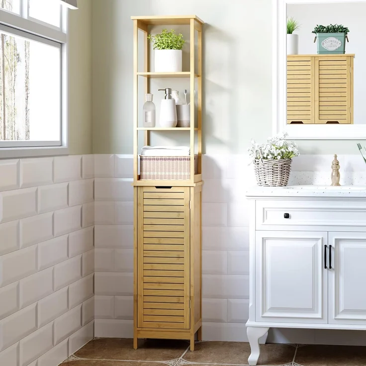Kleankin Badkommode Badschrank mit 3 offenen Fächer und 1 Schrank (Badmöbel, 1 St, Badezimmerschrank), Natur 34 x 30 x 173 cm – Bild 8
