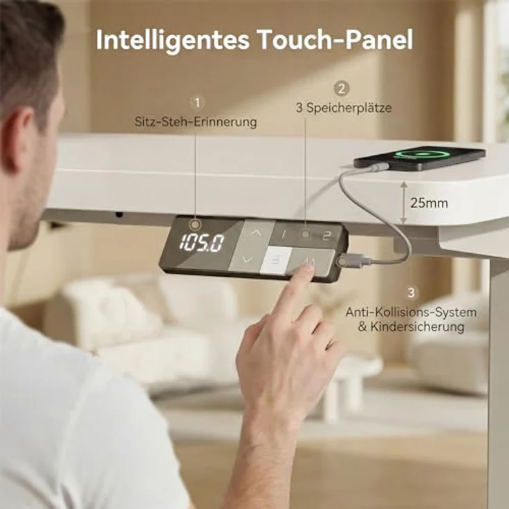 Devoko Höhenverstellbarer Schreibtisch 180x80 cm elektrisch, Höhenverstellung 63-128 cm mit Smart Control, 125 kg Tragkraft, für gesundes Arbeiten – Bild 5