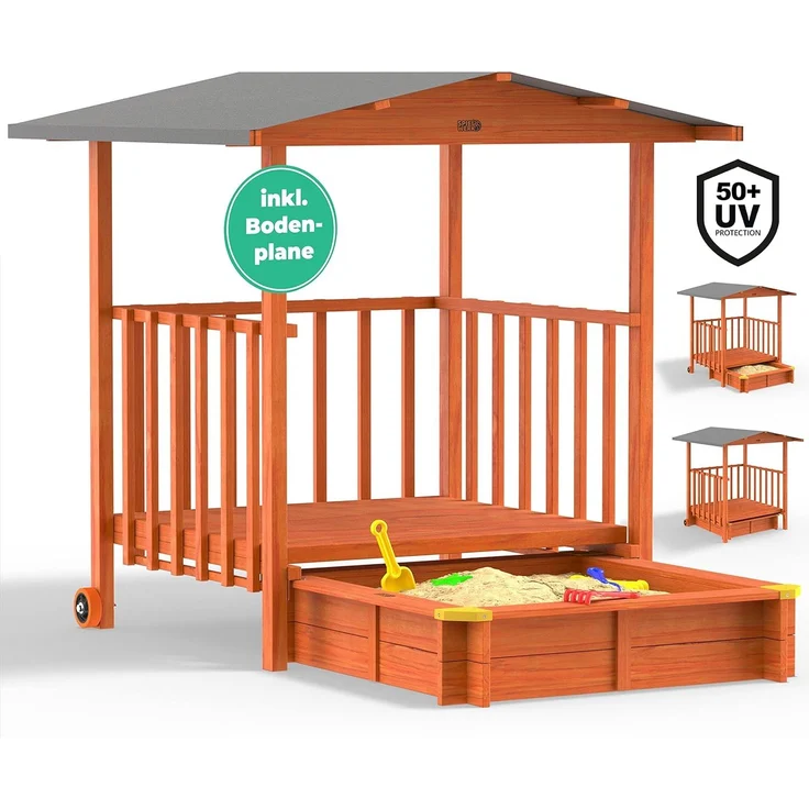 Spielwerk Sandkasten 'Merle' mit Dach und Veranda, Fichtenholz braun, 130 x 225 x 143 cm – Bild 3
