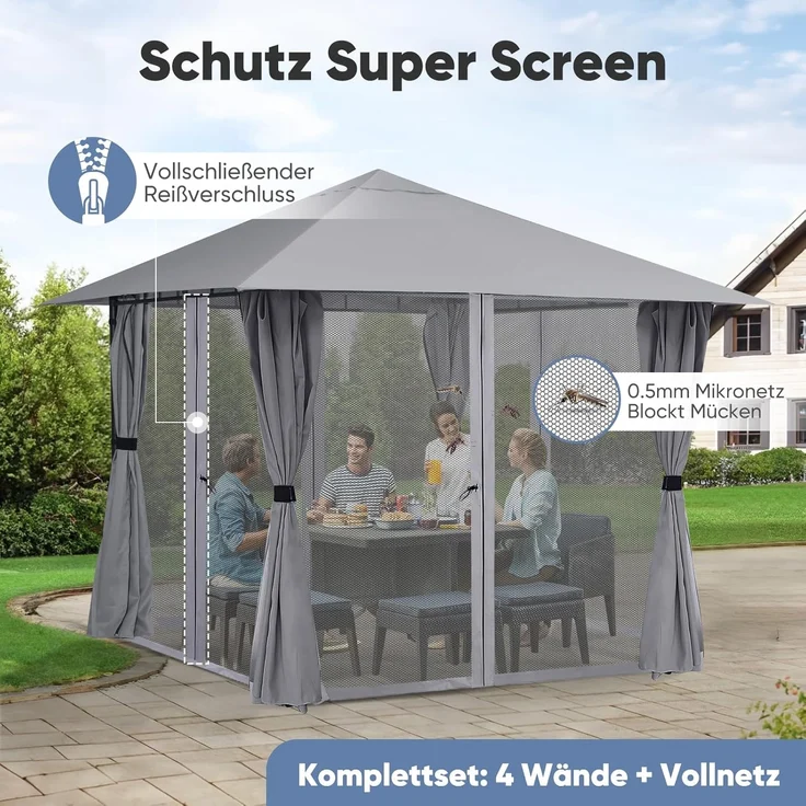 Sekey Garten Pavillon 3x3 m Wasserdicht Stabil Partyzelt, Gartenzelt mit 4 Seitenteile Reißverschluss, 180g/㎡ Polyester, Grau – Bild 4