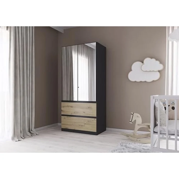 Rauch Möbel Costa, Kleiderschrank für Schlafzimmer, Kinderzimmer, Babyzimmer, Garderobe, 2-türig, Spiegel, 2 Schubladen, Push-to-Open, Zubehör Classic, Farbe Grau metallic, Schwarz, Breite 91 cm – Bild 2