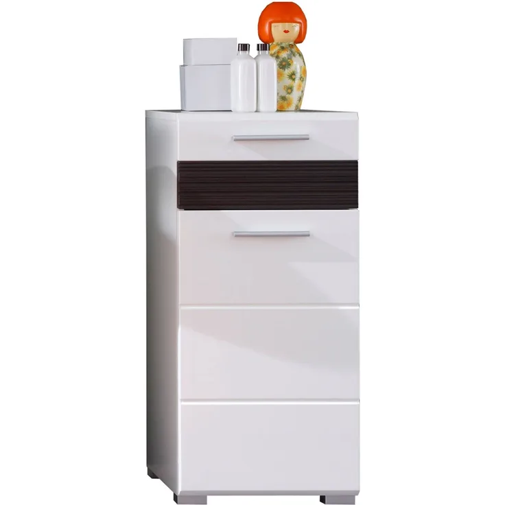 Badezimmer Unterschrank "Mezzo" in weiß Hochglanz mit Eiche dunkel Badschrank 37 x 79 cm
