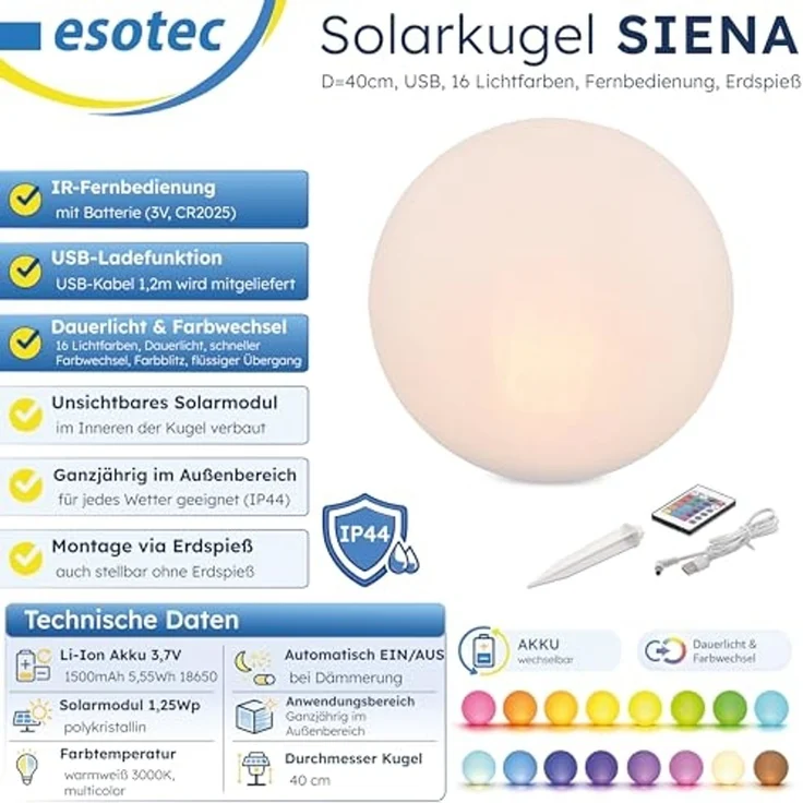 esotec LED Gartenleuchte Solar Leuchtkugel Siena D=40cm multicolor, USB, Fernbedienung 102892, LED fest integriert – Bild 3
