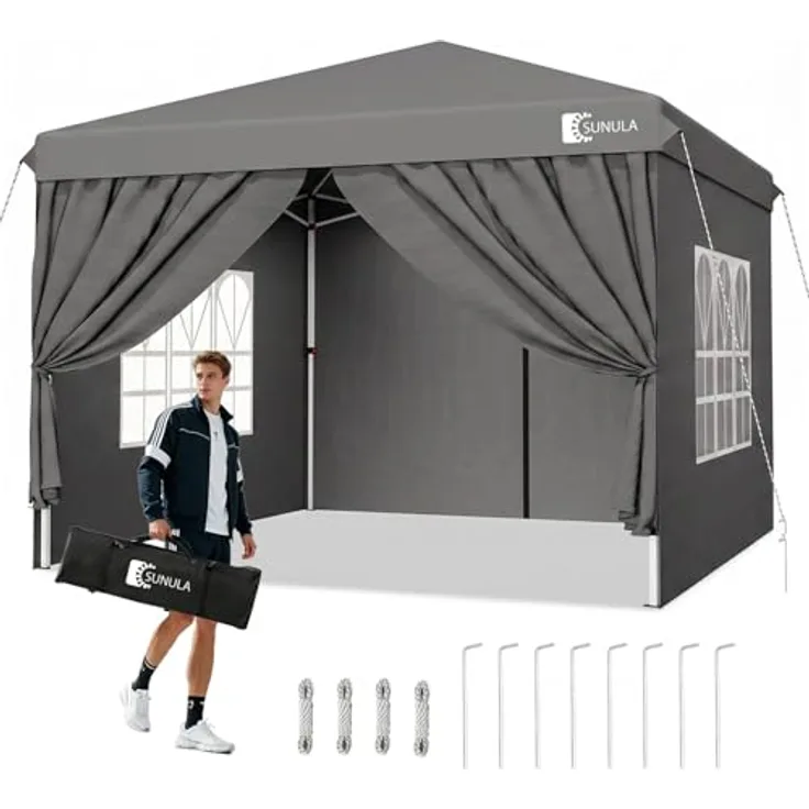 Sunula Pavillon 3x3m, wasserdicht und stabil, winterfest mit 4 Seitenwänden, Faltpavillon in Grau, für 6-8 Personen