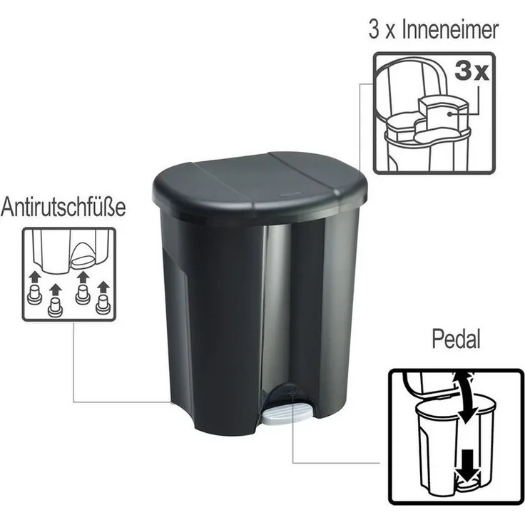 Rotho 'Duo' Mülleimer mit Deckel, Kunststoff (PP recycelt, BPA-frei), Schwarz, 26 (10 + 16) Liter