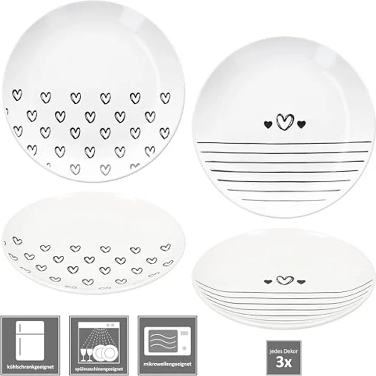MamboCat Frühstücksteller MamboCat 6er Set Cupid Kuchenteller Ø18,5cm Herz Streifen schwarz-weiß – Bild 4