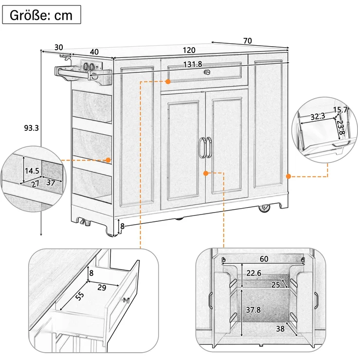 Kücheninsel mit Rollen,Ausziehbarer Essbereich Kücheninsel mit Multifunktionsschubladen und Abfallbehälterfach Mobile Kücheninsel Ideal für Küche und Esszimmer,Weiß, – Bild 4