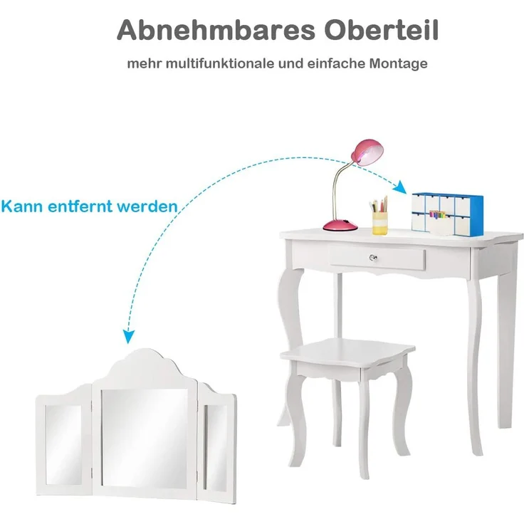COSTWAY Kinder Schminktisch mit Hocker und Abnehmbarer Spiegel, Maedchen Frisiertisch Holz, Kindertisch mit Schublade, Spiegeltisch 70x34x103cm Weiss – Bild 4