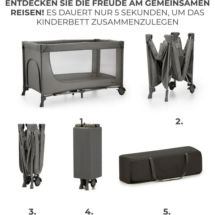 Kinderkraft Joy 2 Kinderbett, 2 in 1 Kinderreisebett, Babybetten, Kinderbett, Reisebett, Modernes Design, Kleine Abmessungen nach Zusammenklappe, Räder, Dunkelgrau – Bild 2