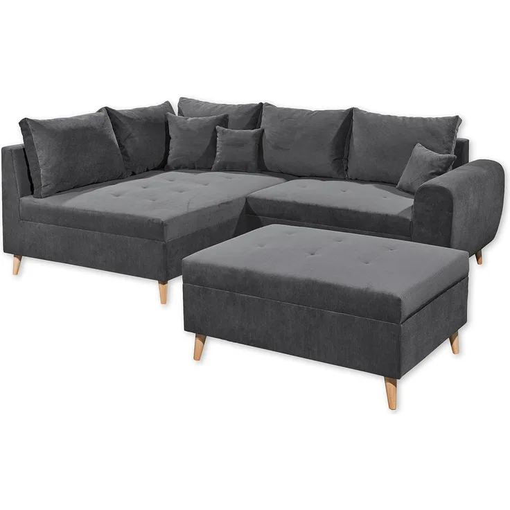 CALANDA Ecksofa mit Hocker, Stoffbezug Anthrazit - Moderne Eckcouch mit Kissen & Massivholz Füßen - 249 x 94 x 175 cm (B/H/T)