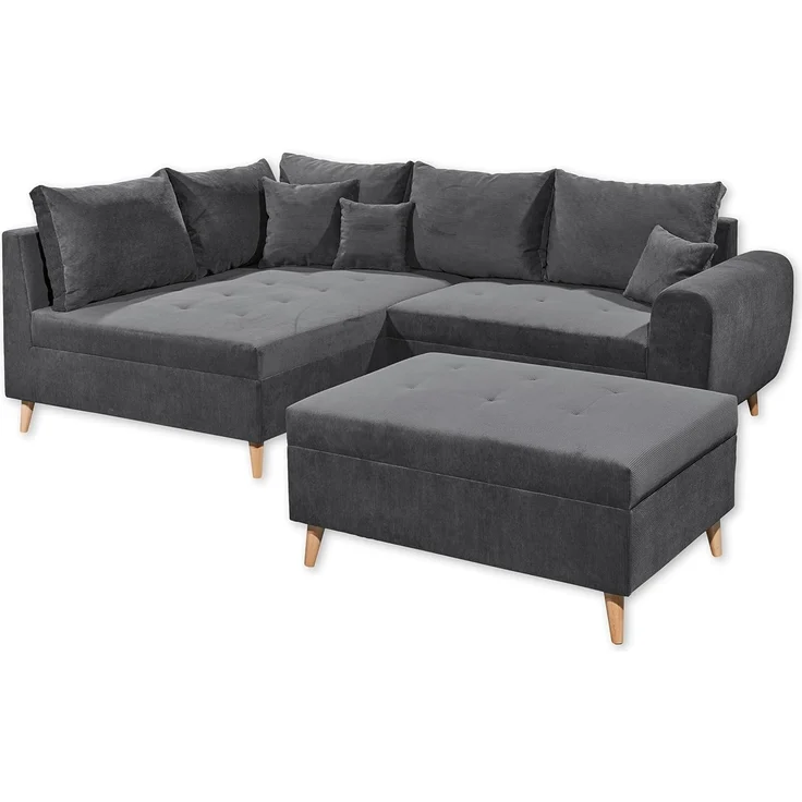 CALANDA Ecksofa mit Hocker, Stoffbezug Anthrazit - Moderne Eckcouch mit Kissen & Massivholz Füßen - 249 x 94 x 175 cm (B/H/T)