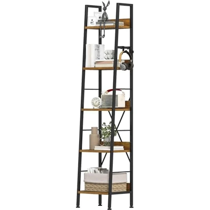 DWVO Schmales hohes Bücherregal 5 Etagen, Industrielles Leiterregal, Bücherregal, Holzregale und Metall, schmal, dünn, Bücherregal, modernes Regal für Wohnzimmer, Flur, Büro, Rustikales Braun – Bild 7