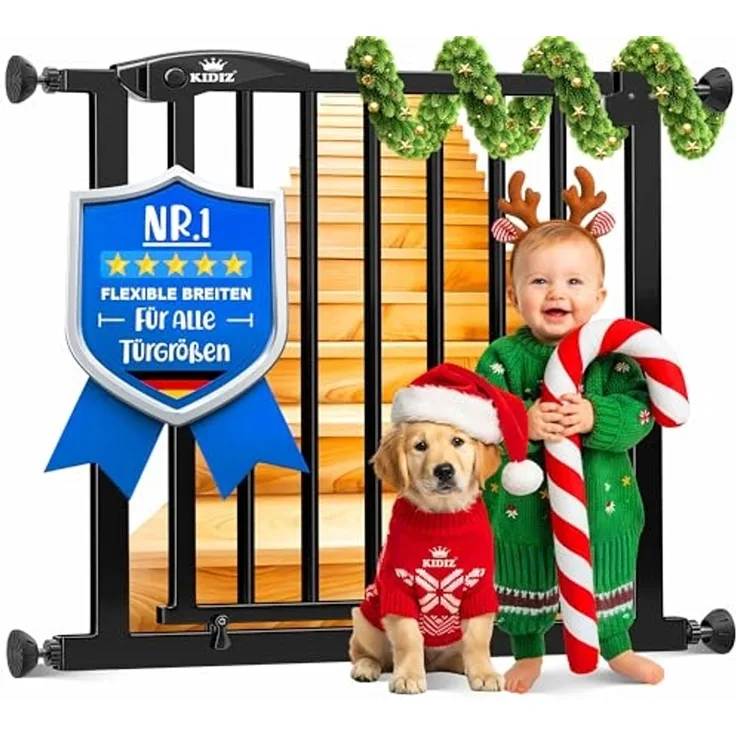 KIDIZ® Schutzgitter für Treppen | Tür, Auto Close Kindertreppengitter ohne Bohren | 90° Stop, Absperr Türschutzgitter, schwenkbare Trennwand, Treppenschutzgitter, Klemmen SCHWARZ BASISTEIL