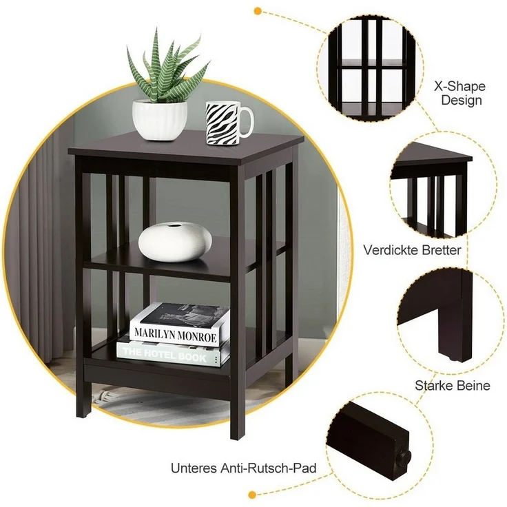 COSTWAY Nachttisch 3 Ebenen Beistelltisch (1-St), II-förmig, 40x40x61cm – Bild 3