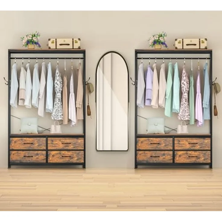 Yorbay Kleiderständer Garderobenständer Kleiderständer 100 x 40 x 180 cm, (Aus MDF und Stahl, mit Kleiderstange, Ablagen, 4 Schubladenboxen), Offener Kleiderschrank für Wohnzimmer, Schlafzimmer, Flur – Bild 5