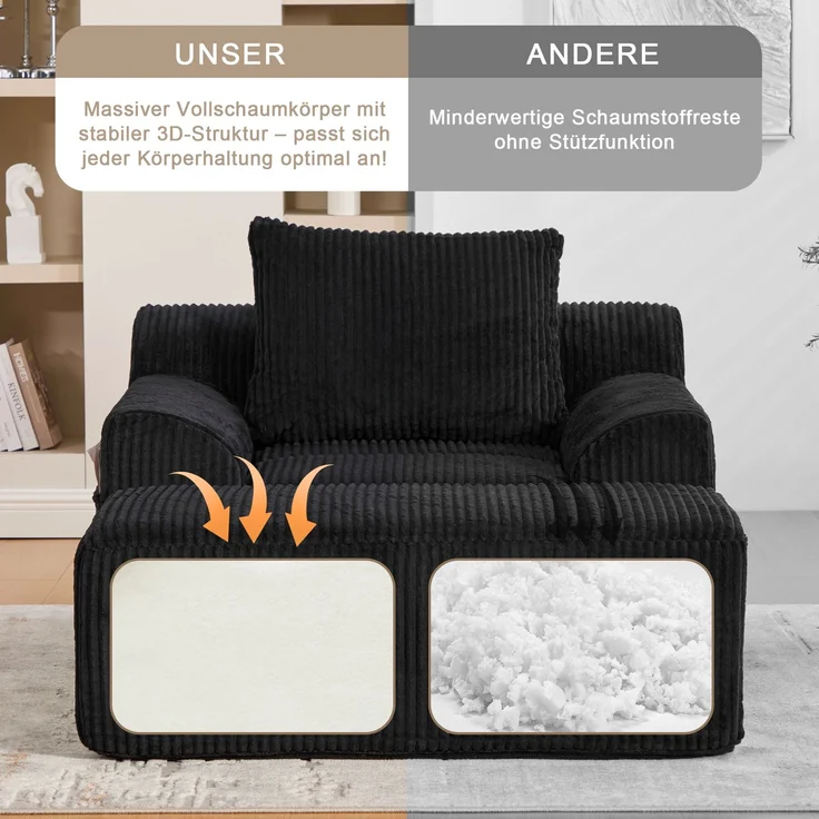 Sessel Cord mit Fußhocker, 147 x 110 x 67 cm,Relaxsessel mit Stauraumtaschen & Federkern, kein Aufbau,Schwarz – Bild 7