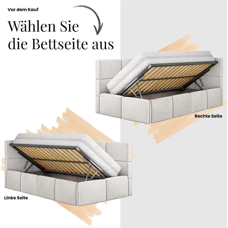 Jugendbett 90x200 cm TILVO mit Bettkasten, Polsterbett, Jugendzimmer, Lattenrost und gepolstertem Kopfteil, Multipocket Matratze - Beige Cord - Rechts - ELORI LUX – Bild 9