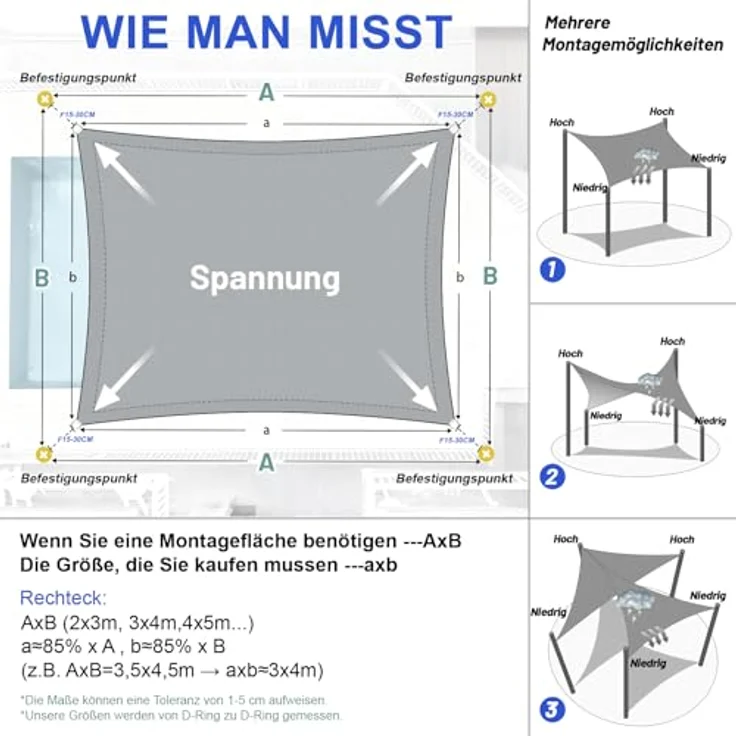 LOVE STORY Sonnensegel Wasserdicht 2x3 m Rechteckig PES Polyester Sonnenschutz Windschutz Balkon Terrasse 95% UV-Schut,für Balkon Garten,Hellgrau – Bild 6