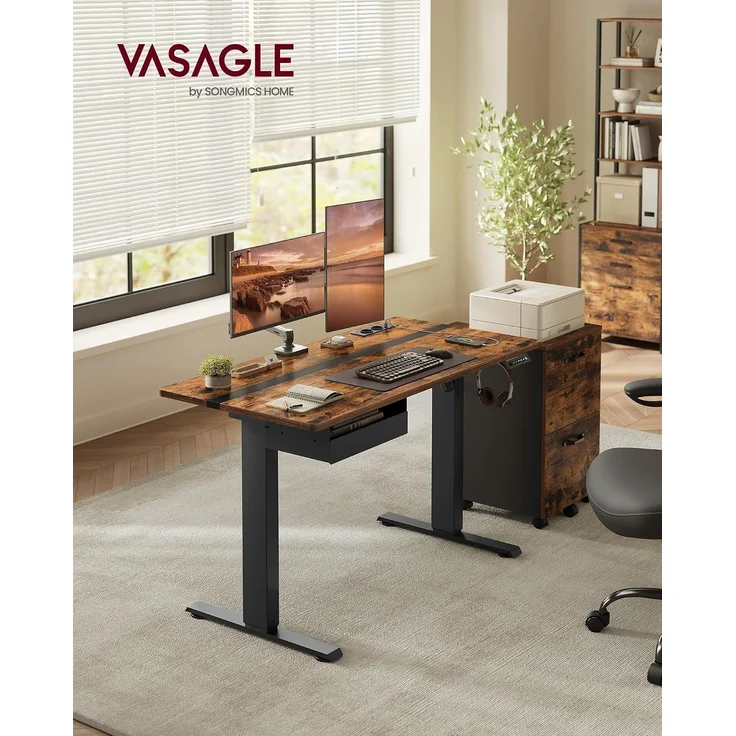 Vasagle Höhenverstellbarer Schreibtisch elektrisch, mit Steckdose und Schublade, stufenlos verstellbar, Memory-Funktion mit 4 Höhen, vintagebraun-schwarz, Tischoberfläche 60x120 cm – Bild 2