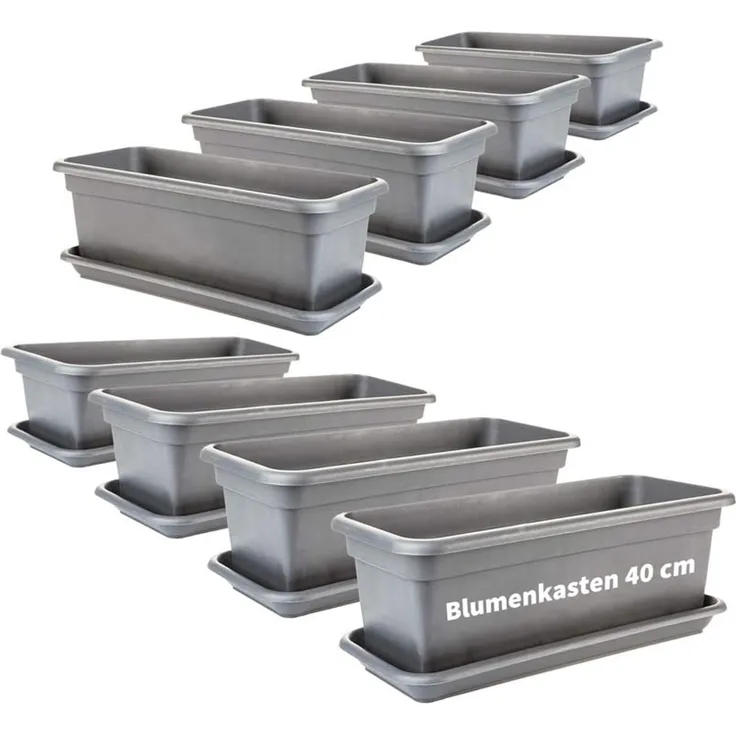 2friends Blumenkasten 8er-Pack, mit Untersetzer aus Kunststoff 40T x 17B x 14H cm, Balkon Blumenkasten Anthrazit