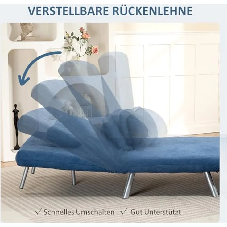 HOMCOM Schlafsofa mit verstellbarer Rückenlehne, abnehmbar Kissen, Samtoptik, 3-in-1 Schlafsessel 1 Teile, bis 120 kg, für Wohnzimmer, Schlafzimmer Blau – Bild 6