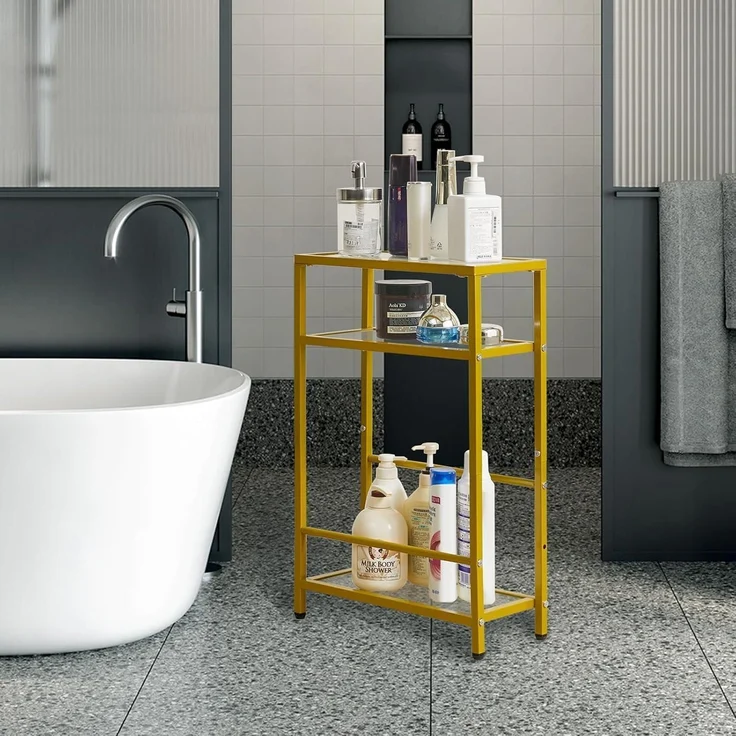 Beistelltisch Glastisch Zeitschriftenhalter 3 Etagen Sofa Goldfarben – Bild 5