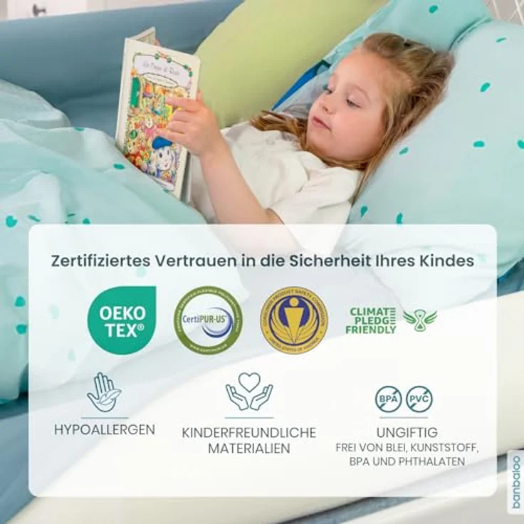 BANBALOO - Rausfallschutz für Kinderbett - Bettrolle für Kleinkinder Bett, Randkissen mit Memory-Schaum-Polsterung, Bettschutzgitter - Rutschfestes Tragbares Trennkissen - Bettgitter Rausfallschutz – Bild 8