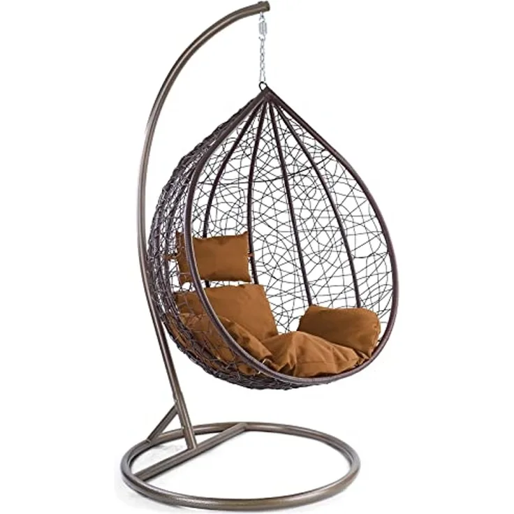 Luxus Hängesessel Miami XXL Polyrattan Korb braun Gestell braun Kissen Hellbraun