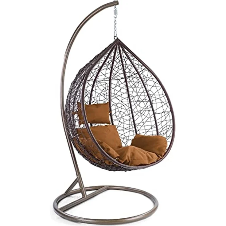 Luxus Hängesessel Miami XXL Polyrattan Korb braun Gestell braun Kissen Hellbraun – Bild 1