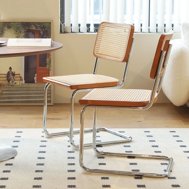 LVHOM 2er Set Freischwinger, Esszimmerstuhl mit Wiener Geflecht, Bauhaus Küchenstuhl aus Natur-Rattan, 25mm Chromgestell, stapelbarer Wohnzimmerstuhl, Braun – Bild 7