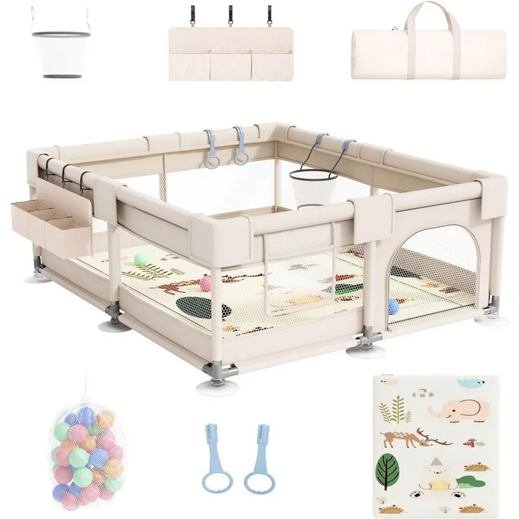 SEHAUSEU Laufgitter Laufstall Baby Krabbelgitter mit Spielmatte 1,5m×1,5 m/1,2m×1,2m, mit Ozeanbälle, Tragetasche, Zugring, Ballkorb, Aufbewahrungskorb