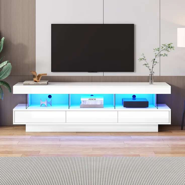 TV-Schrank, 160x38x50,5 cm, weißer Hochglanz-TV-Schrank mit Glasablagen & App-LED