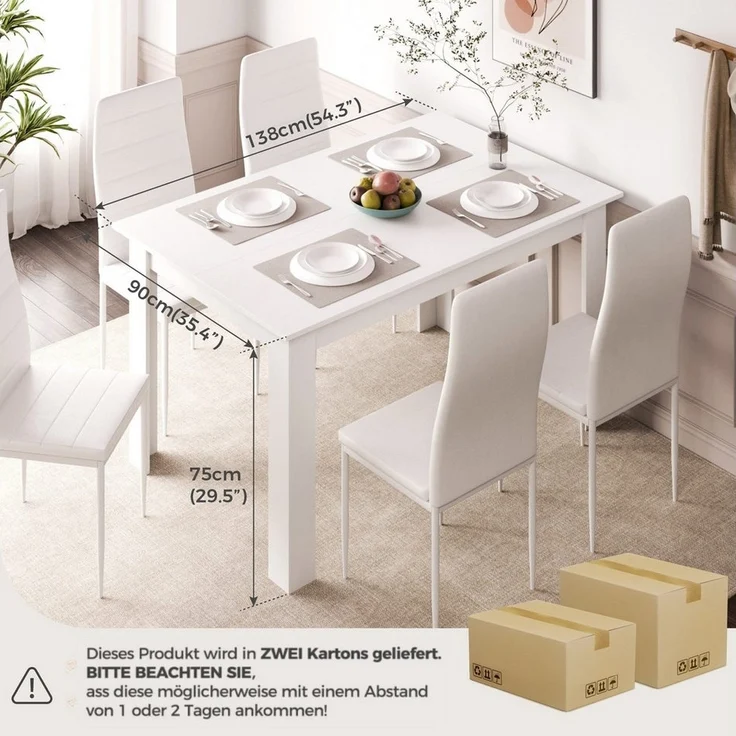 Mondeer Essgruppe Esszimmergruppe (Set, 7-tlg), Spanplatte & Lederimitat, Zweifarbig, Ergonomisch, Weiß – Bild 3