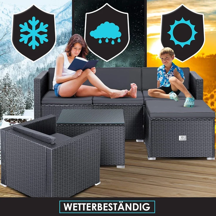 KESSER® Polyrattan Lounge Aruba – Gartenlounge für 4-5 Personen Gartenmöbel-Set Sitzgruppe aus 3er Gartensofa, Sessel, Hocker und Beistelltisch mit Sitzkissen - für Garten, Terrasse und Balkon Anthrazit – Bild 8