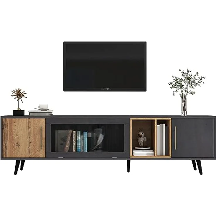 FurnitureR Elegant TV Cabinet,2 Türen + Aufbewahrung,200 x 40 x 55.5 cm,Dark Wood,Gray and Wood Grain,Suitable for 90-inch TV – Bild 3