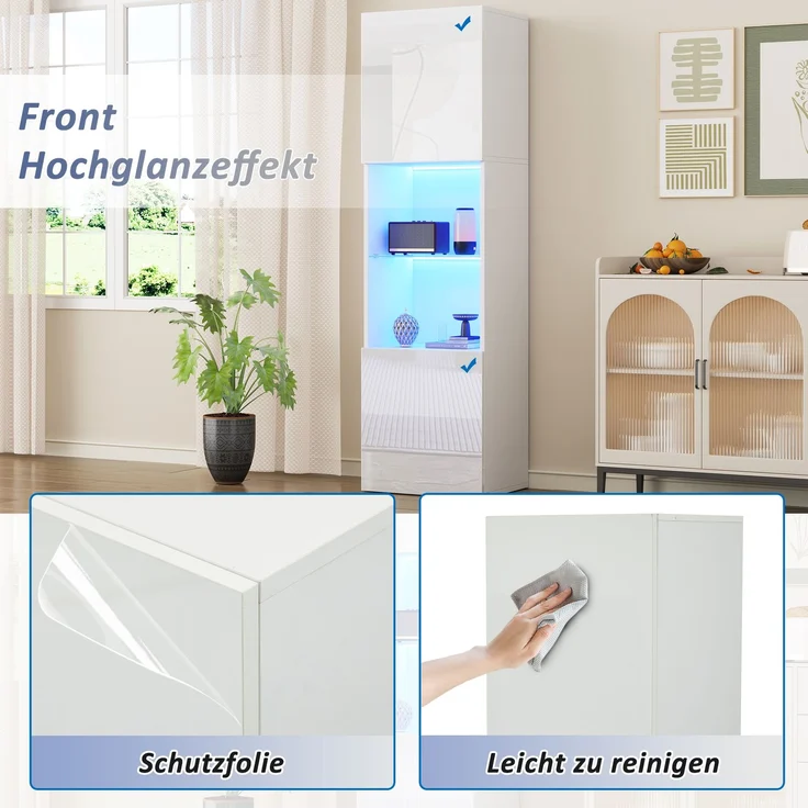 Weiße Hochglanzvitrine mit LED-Beleuchtung, 1 Glasböden, 45*35*160 cm, Vitrinen, freistehende Vitrinen, Hochschränke, Lagerschränke--Weiß--45x35x160cm--YOUDENOVA – Bild 10