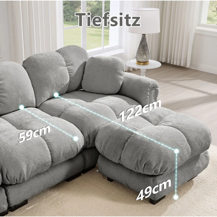 Modulares Ecksofa aus Chenille mit Ottomane, 330x149x90 cm, Hellgrau – Bild 7