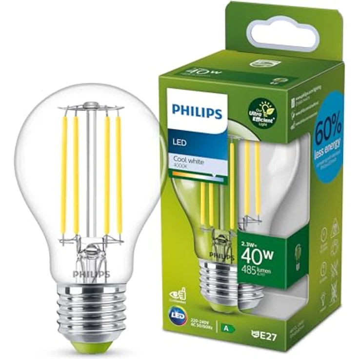 Philips LED Classic ultraeffiziente E27 Lampe, mit Energieeffizienzklasse A, ersetzt 40W, klar, neutralweiß – Bild 2