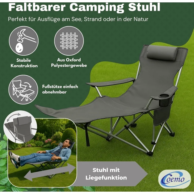 Coemo 2er Set Tragbarer Liegestuhl, Campingliege mit Getränkehalter Grau – Bild 3