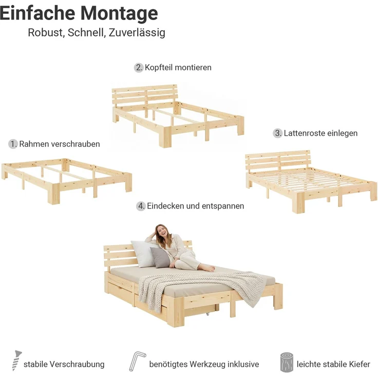 Holzbett 140x200 cm mit Federkernmatratze & 2 Bettkästen Doppelbett Bett Holzbettrahmen Natur Massiv Holz Lattenrost – Bild 7