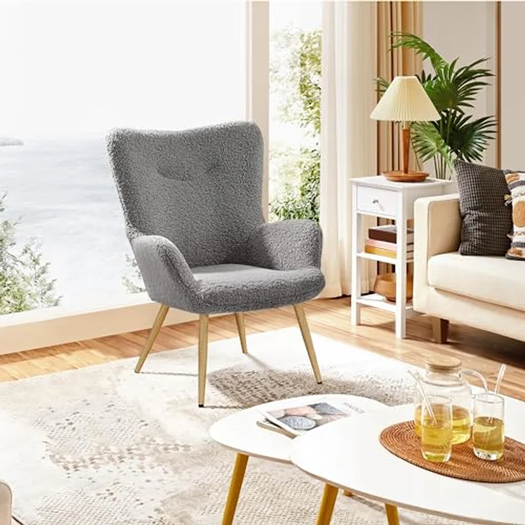 Yaheetech Ohrensessel eleganter Armsessel Polsterstuhl mit klappbare Rückenlehne Lehnsessel bis 136 kg belastbar Sessel fürs Wohnzimmer/Schlafzimmer Grau – Bild 3