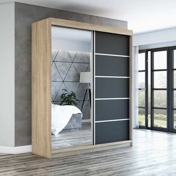 Schwebetürenschrank GAP 2-türig Schrank 160 cm (mit Spiegel) Farbe: Sonoma , schwarz – Bild 2