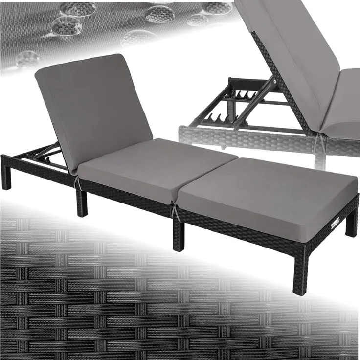 tectake® Polyrattan Sonnenliege mit 6-Fach höhenverstellbarer Rückenlehne, Outdoor Daybed mit bequemer Polsterauflage, Gartenliege Rattan für drinnen und draußen, pflegeleicht und stabil - schwarz